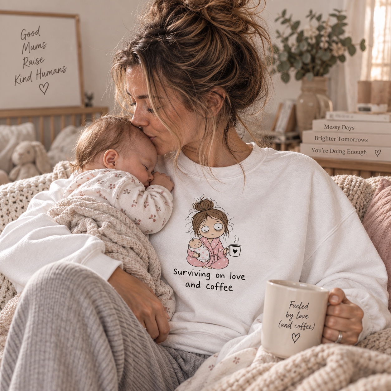 Mother holding her baby wearing an EverMama sweatshirt